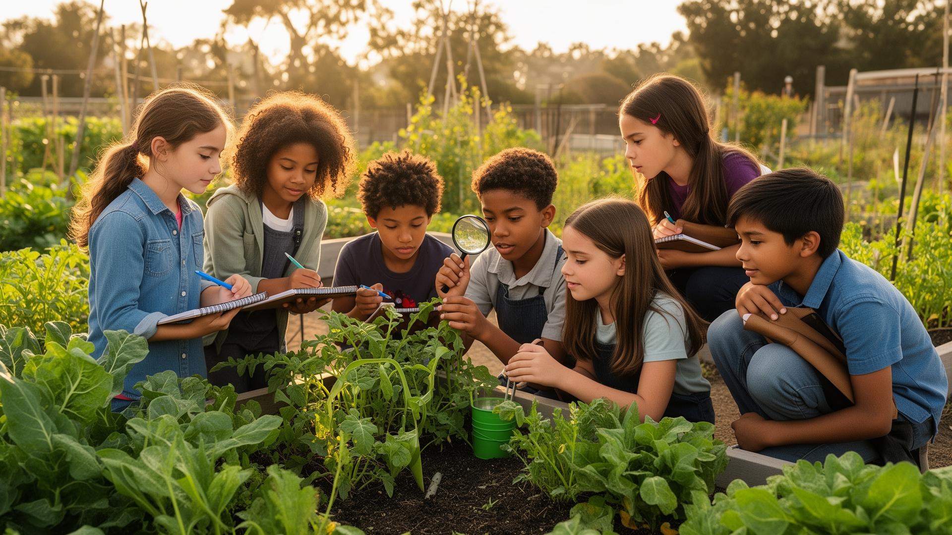 Middle school students engaged in outdoor agricultural STEM learning